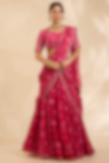 Pink & Red Crepe Silk Zardosi Embroidered Pre-Draped Wedding Lehenga Set by Poornima NS at Pernia's Pop Up Shop