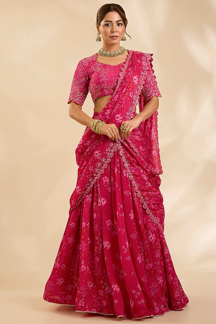 Pink & Red Crepe Silk Zardosi Embroidered Pre-Draped Wedding Lehenga Set by Poornima NS at Pernia's Pop Up Shop