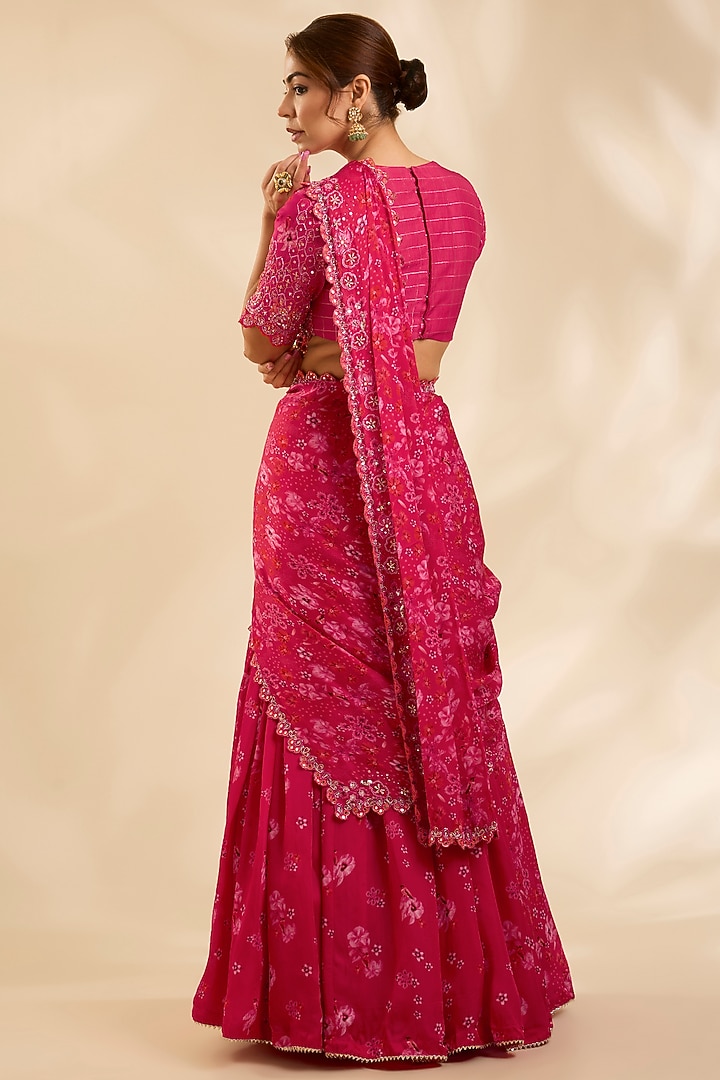 Pink & Red Crepe Silk Zardosi Embroidered Pre-Draped Wedding Lehenga Set by Poornima NS at Pernia's Pop Up Shop