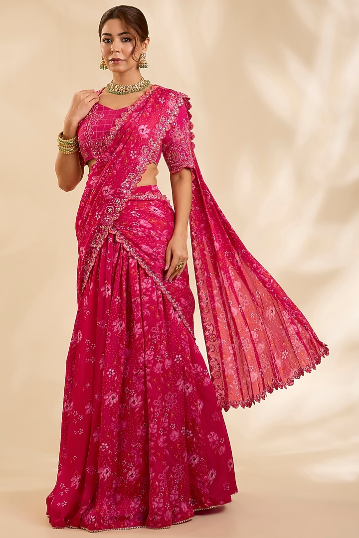Pink & Red Crepe Silk Zardosi Embroidered Pre-Draped Wedding Lehenga Set by Poornima NS at Pernia's Pop Up Shop
