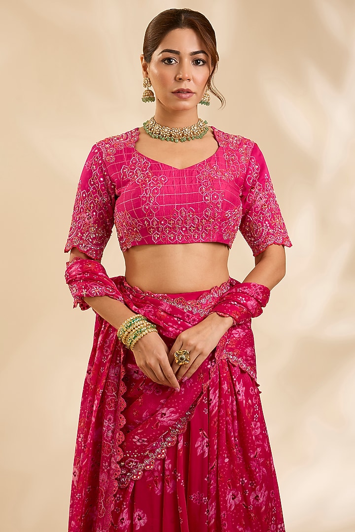 Pink & Red Crepe Silk Zardosi Embroidered Pre-Draped Wedding Lehenga Set by Poornima NS at Pernia's Pop Up Shop
