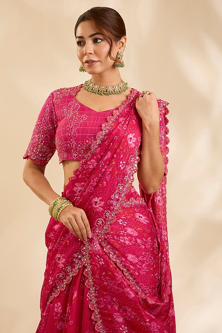 Pink & Red Crepe Silk Zardosi Embroidered Pre-Draped Wedding Lehenga Set by Poornima NS at Pernia's Pop Up Shop