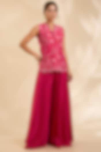 Red Raw Silk Zardosi Embroidered Jacket Set by Poornima NS at Pernia's Pop Up Shop