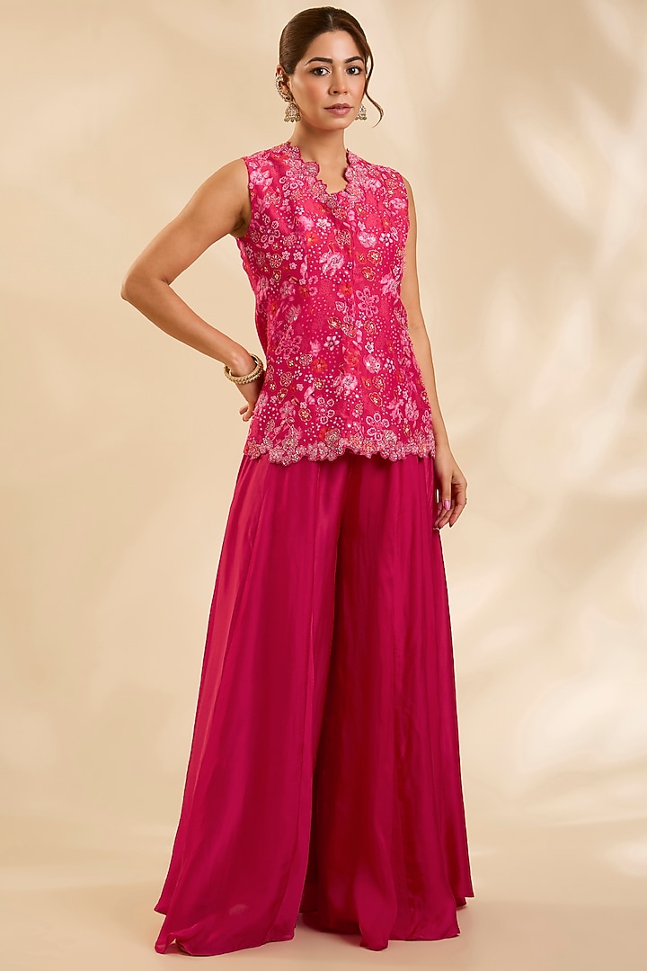 Red Raw Silk Zardosi Embroidered Jacket Set by Poornima NS at Pernia's Pop Up Shop