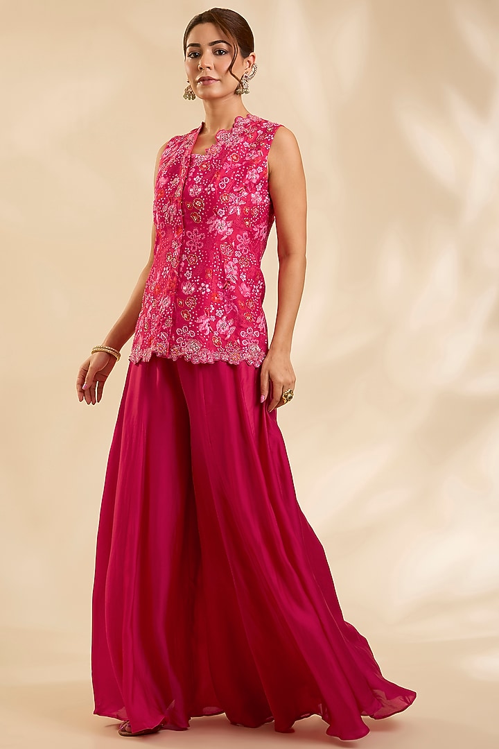 Red Raw Silk Zardosi Embroidered Jacket Set by Poornima NS at Pernia's Pop Up Shop