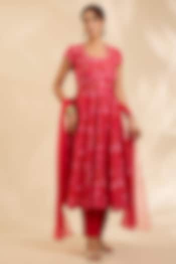 Red Raw Silk Zardosi Embroidered Party Wear Anarkali Set by Poornima NS at Pernia's Pop Up Shop