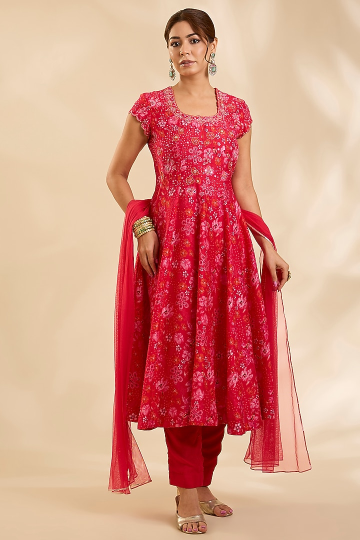 Red Raw Silk Zardosi Embroidered Party Wear Anarkali Set by Poornima NS at Pernia's Pop Up Shop