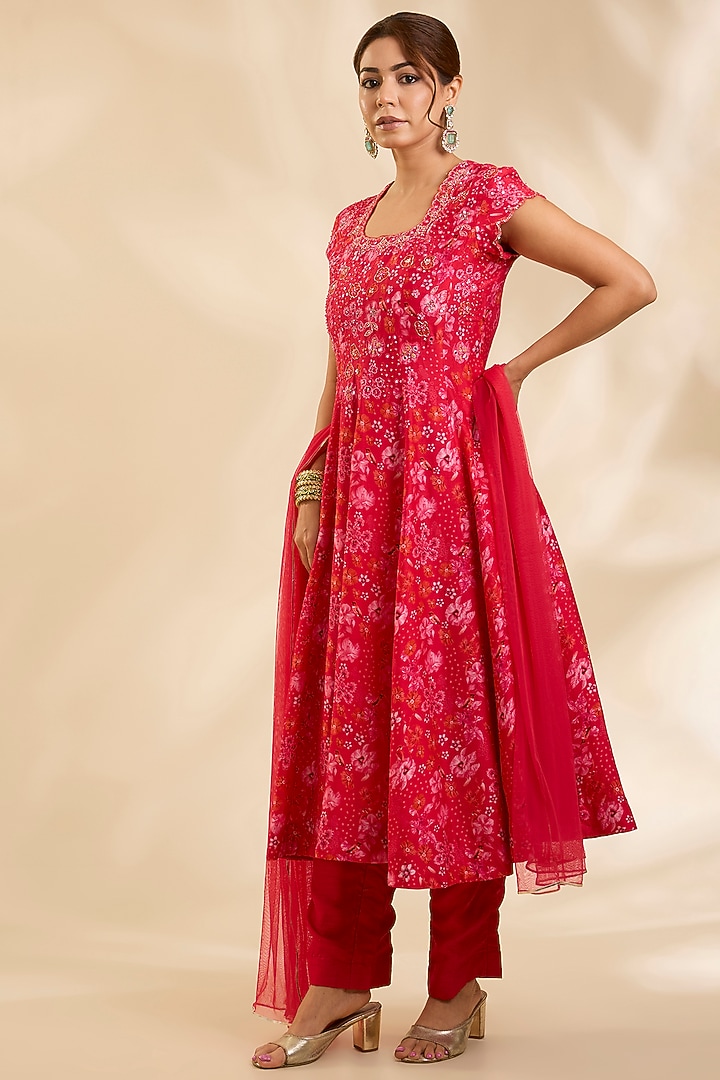 Red Raw Silk Zardosi Embroidered Party Wear Anarkali Set by Poornima NS at Pernia's Pop Up Shop