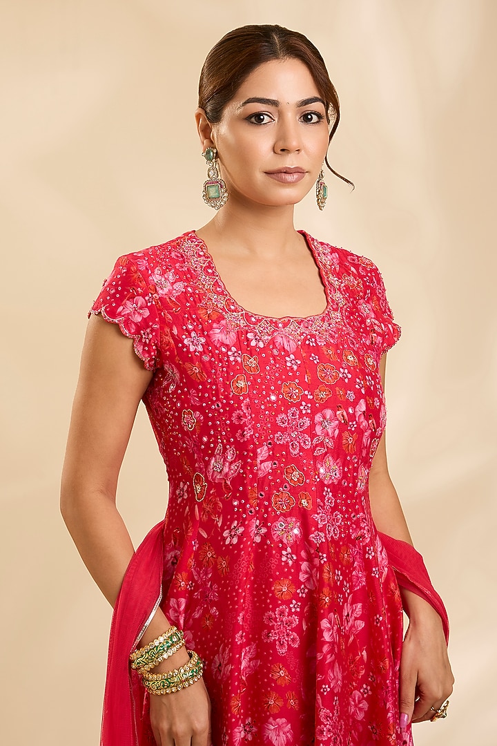 Red Raw Silk Zardosi Embroidered Party Wear Anarkali Set by Poornima NS at Pernia's Pop Up Shop