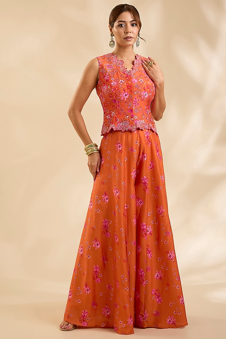 Orange Raw Silk Zardosi Embroidered Jacket Set by Poornima NS at Pernia's Pop Up Shop