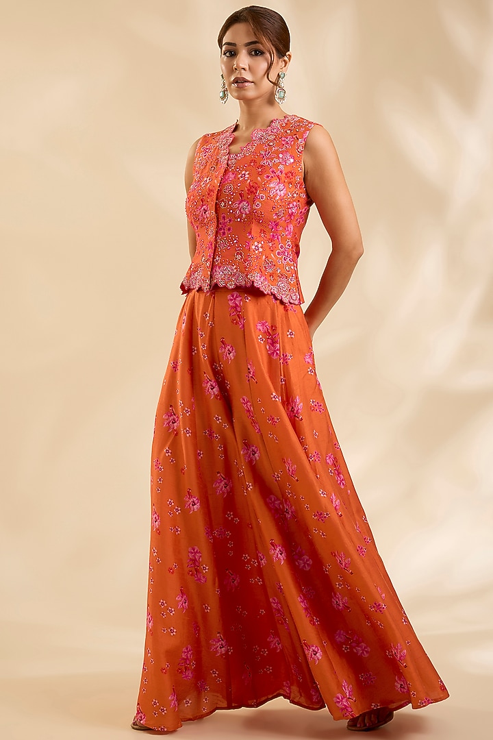 Orange Raw Silk Zardosi Embroidered Jacket Set by Poornima NS at Pernia's Pop Up Shop