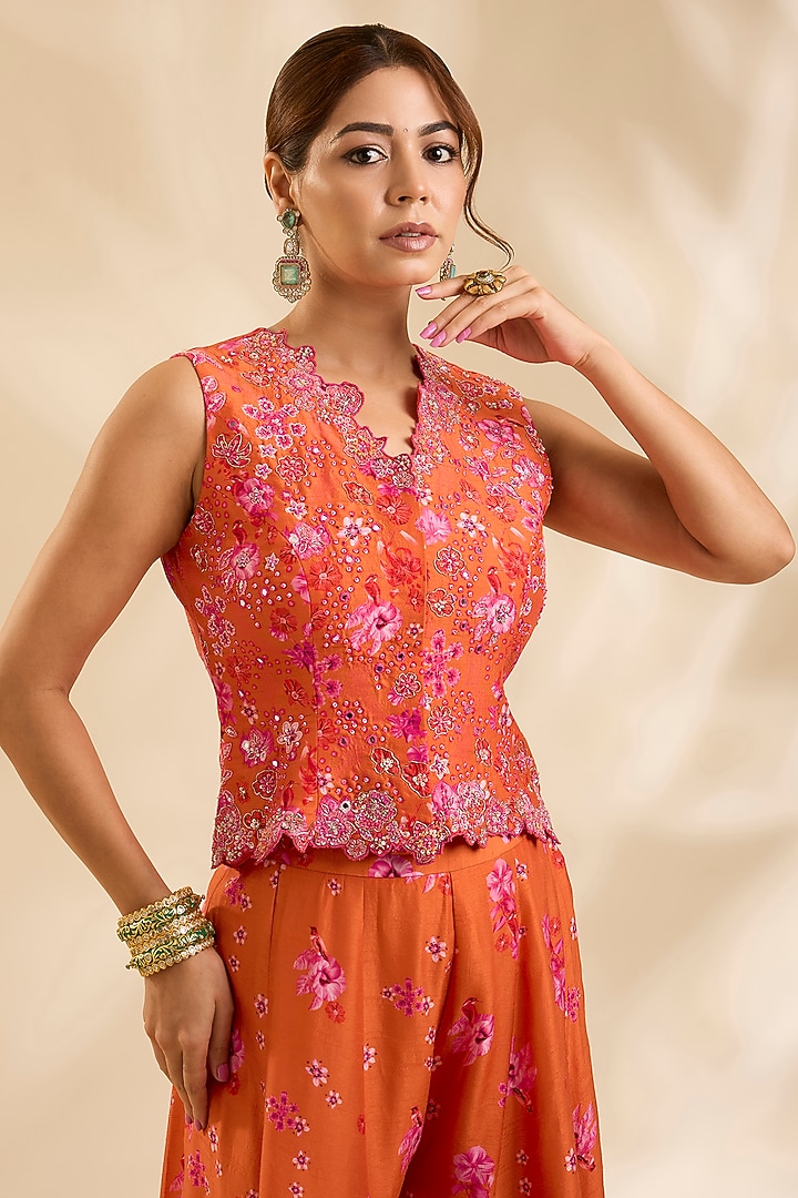Orange Raw Silk Zardosi Embroidered Jacket Set by Poornima NS at Pernia's Pop Up Shop