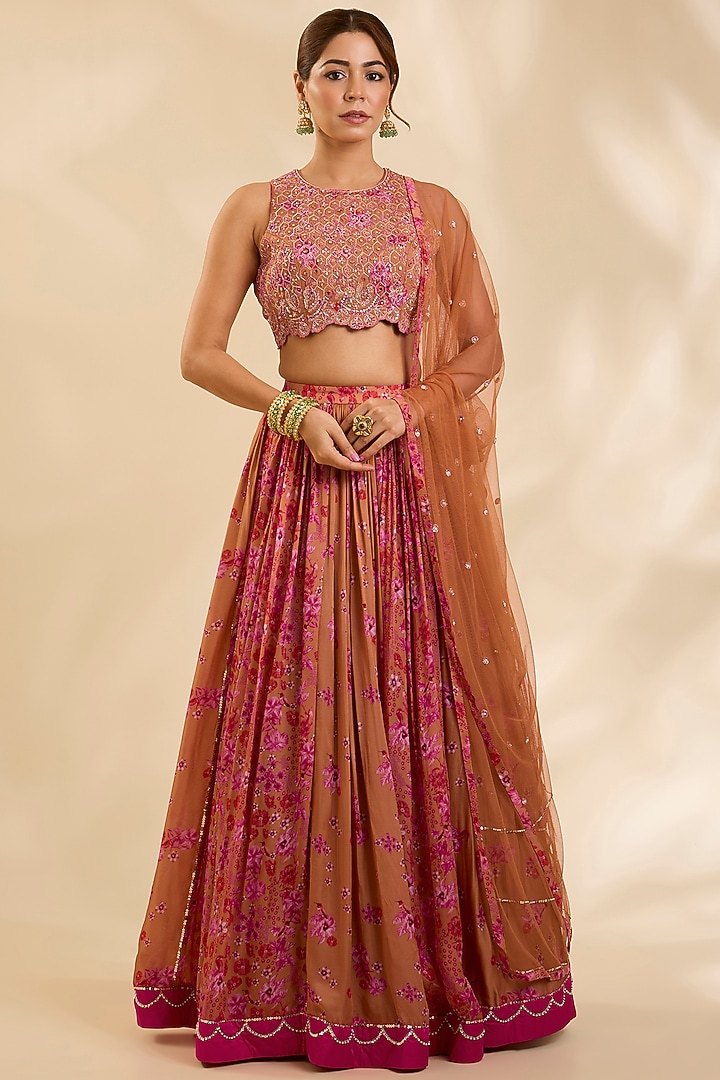 Honey Brown Crepe Silk Cutdana Embroidered Kalidar Wedding Lehenga Set by Poornima NS at Pernia's Pop Up Shop
