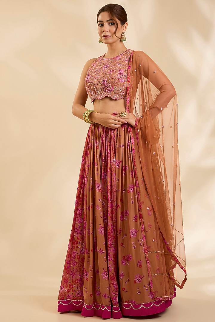 Honey Brown Crepe Silk Cutdana Embroidered Kalidar Wedding Lehenga Set by Poornima NS at Pernia's Pop Up Shop