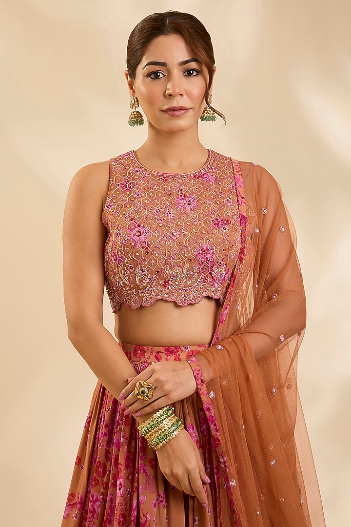 Honey Brown Crepe Silk Cutdana Embroidered Kalidar Wedding Lehenga Set by Poornima NS at Pernia's Pop Up Shop