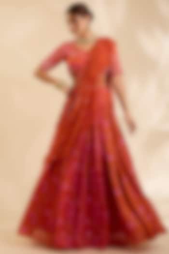 Orange Crepe Silk Cutdana Embroidered Kalidar Wedding Lehenga Set by Poornima NS at Pernia's Pop Up Shop