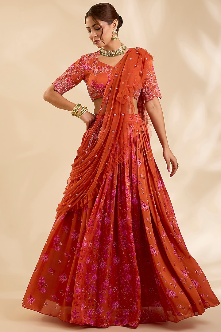 Orange Crepe Silk Cutdana Embroidered Kalidar Wedding Lehenga Set by Poornima NS at Pernia's Pop Up Shop