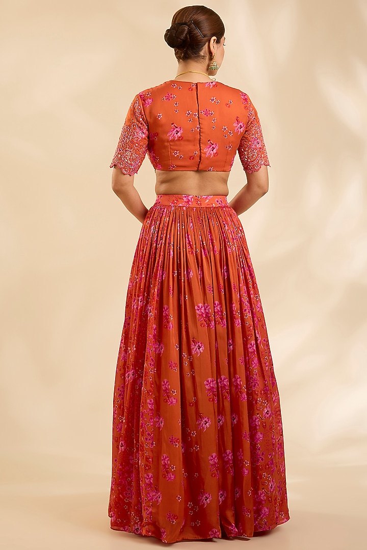 Orange Crepe Silk Cutdana Embroidered Kalidar Wedding Lehenga Set by Poornima NS at Pernia's Pop Up Shop