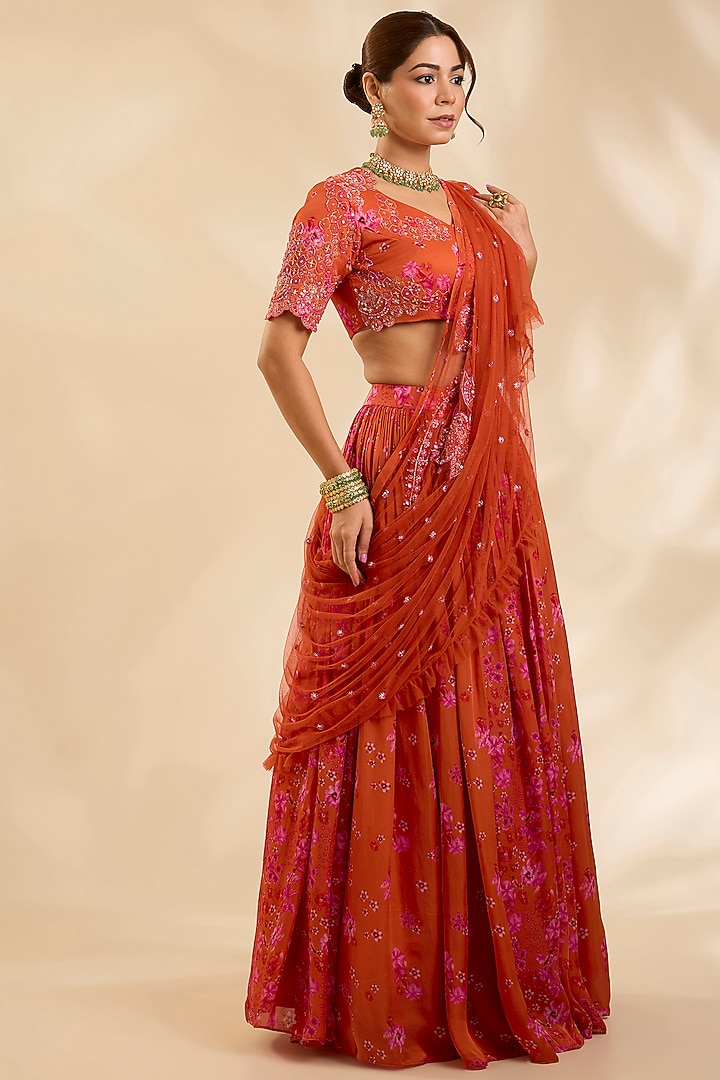 Orange Crepe Silk Cutdana Embroidered Kalidar Wedding Lehenga Set by Poornima NS at Pernia's Pop Up Shop