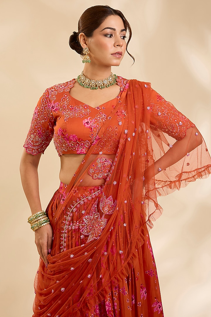Orange Crepe Silk Cutdana Embroidered Kalidar Wedding Lehenga Set by Poornima NS at Pernia's Pop Up Shop