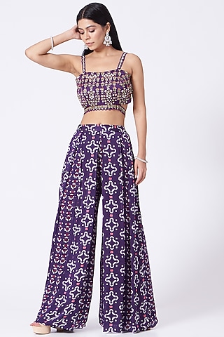 Purple Printed Pleated Pant Set by Poornima NS