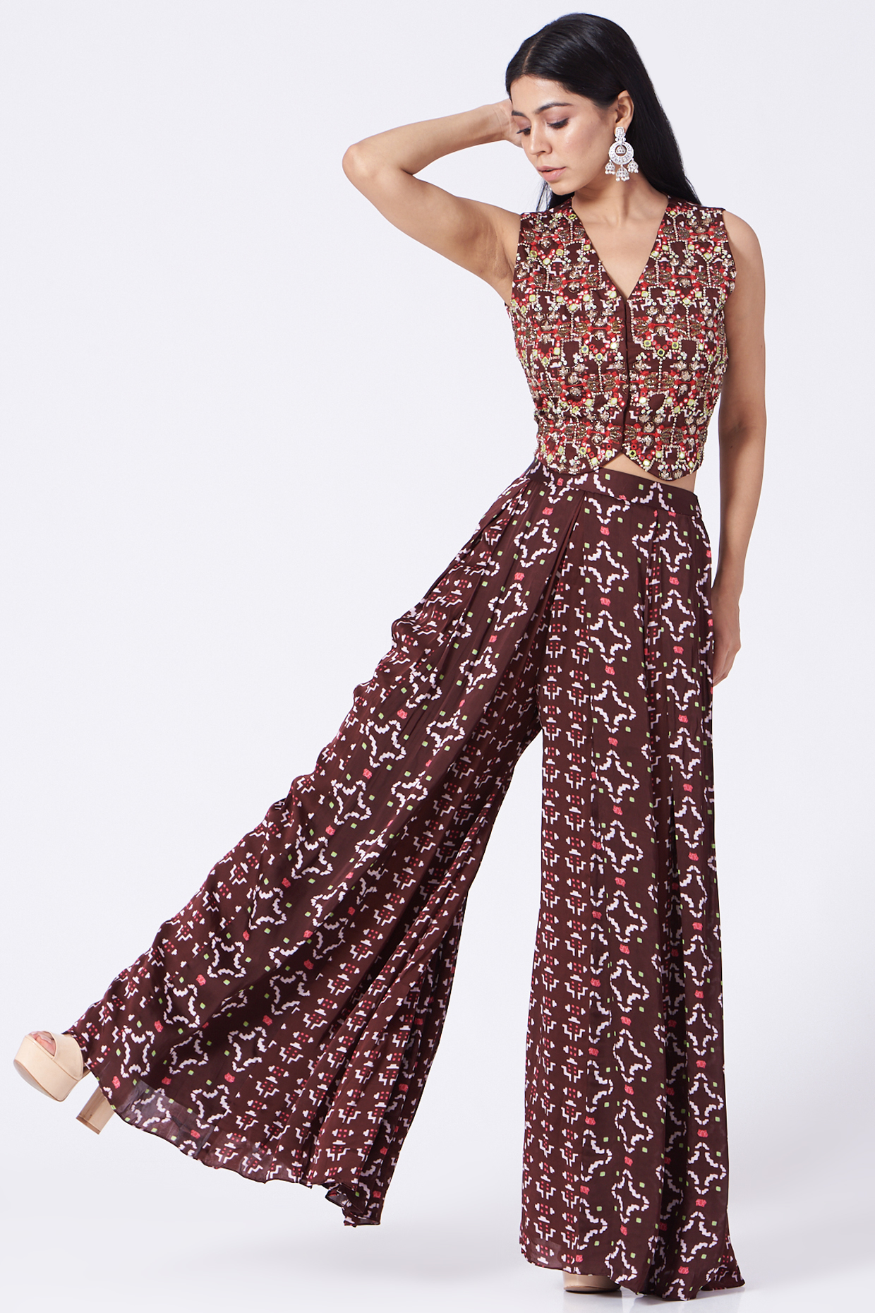 Brown Printed Pleated Pant Set by Poornima NS