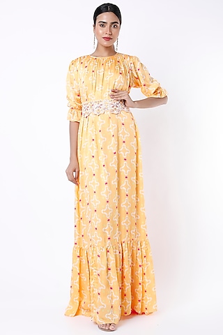 Wheat Colored Digital Printed Maxi Dress by Poornima NS