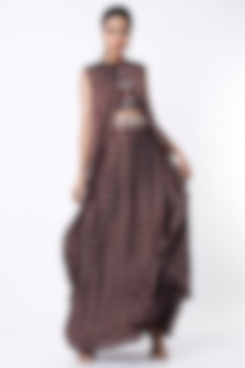 Brown Digital Printed Draped Skirt Set by Poornima NS at Pernia's Pop Up Shop