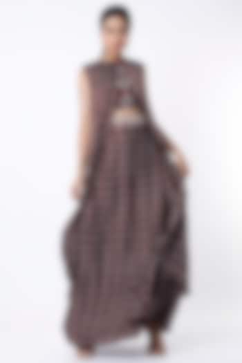Brown Digital Printed Draped Skirt Set by Poornima NS