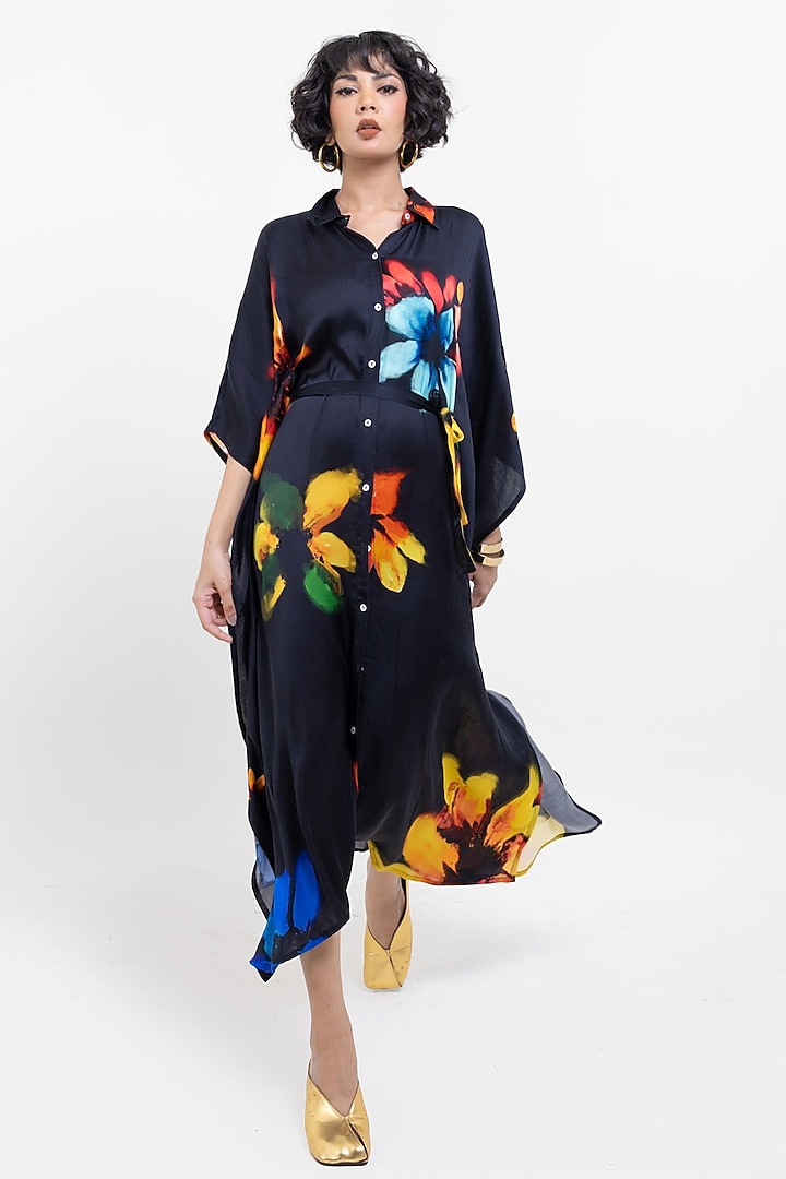 Black Vegan Silk Printed Kaftan Maxi Summer Dress by POP SUGAR at Pernia's Pop Up Shop