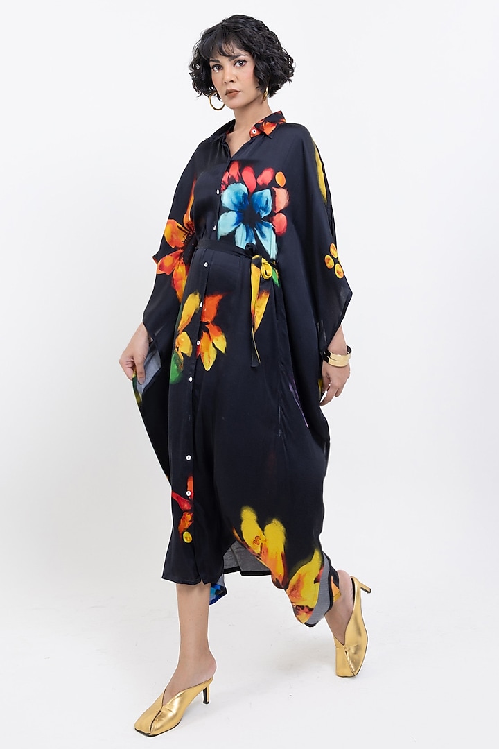 Black Vegan Silk Printed Kaftan Maxi Summer Dress by POP SUGAR at Pernia's Pop Up Shop