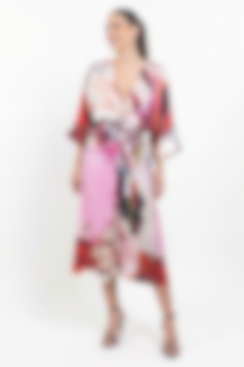 Red Vegan Silk Printed Kimono Midi Summer Dress by POP SUGAR at Pernia's Pop Up Shop