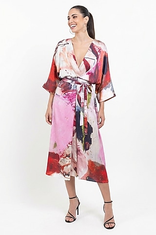 Red Vegan Silk Printed Kimono Midi Dress by POP SUGAR