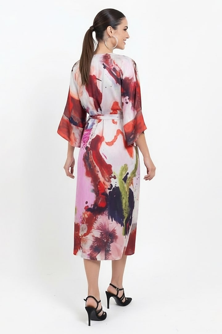 Red Vegan Silk Printed Kimono Midi Summer Dress by POP SUGAR at Pernia's Pop Up Shop