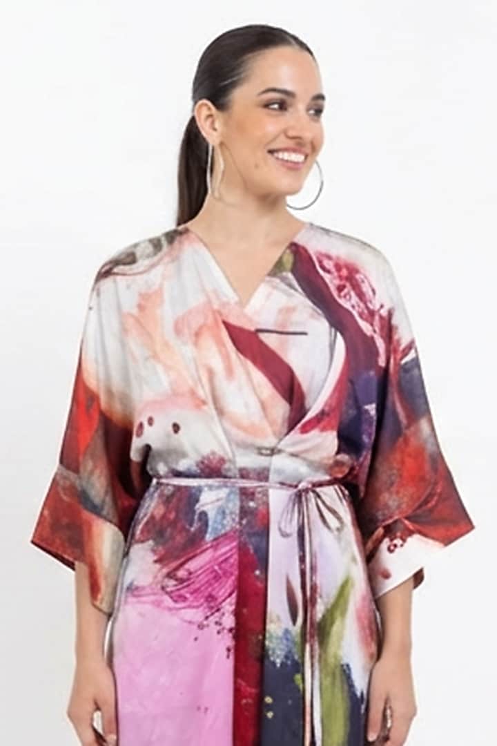 Red Vegan Silk Printed Kimono Midi Summer Dress by POP SUGAR at Pernia's Pop Up Shop