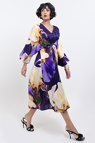 Purple Vegan Silk Printed Kimono Midi Dress by POP SUGAR