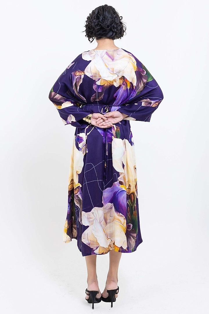 Purple Vegan Silk Printed Kimono Midi Summer Dress by POP SUGAR at Pernia's Pop Up Shop