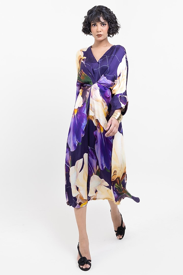 Purple Vegan Silk Printed Kimono Midi Summer Dress by POP SUGAR at Pernia's Pop Up Shop