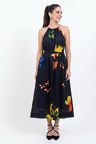 Blue & White Vegan Silk Printed Maxi Dress by POP SUGAR