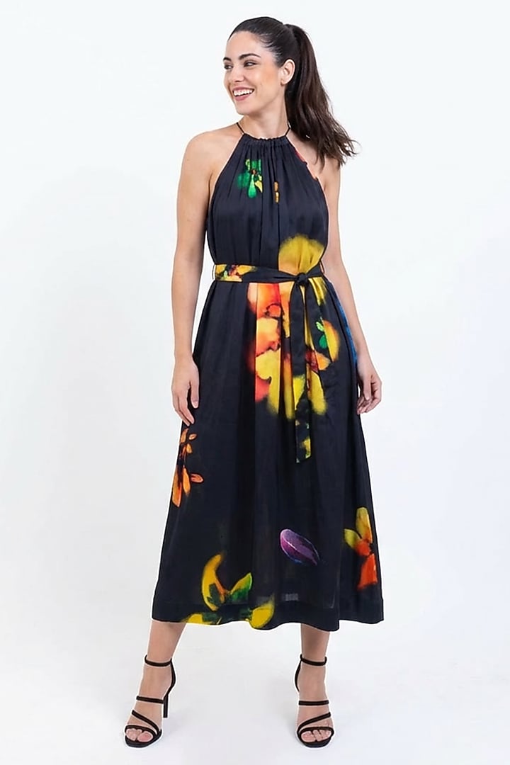Blue & White Vegan Silk Printed Maxi Summer Dress by POP SUGAR at Pernia's Pop Up Shop