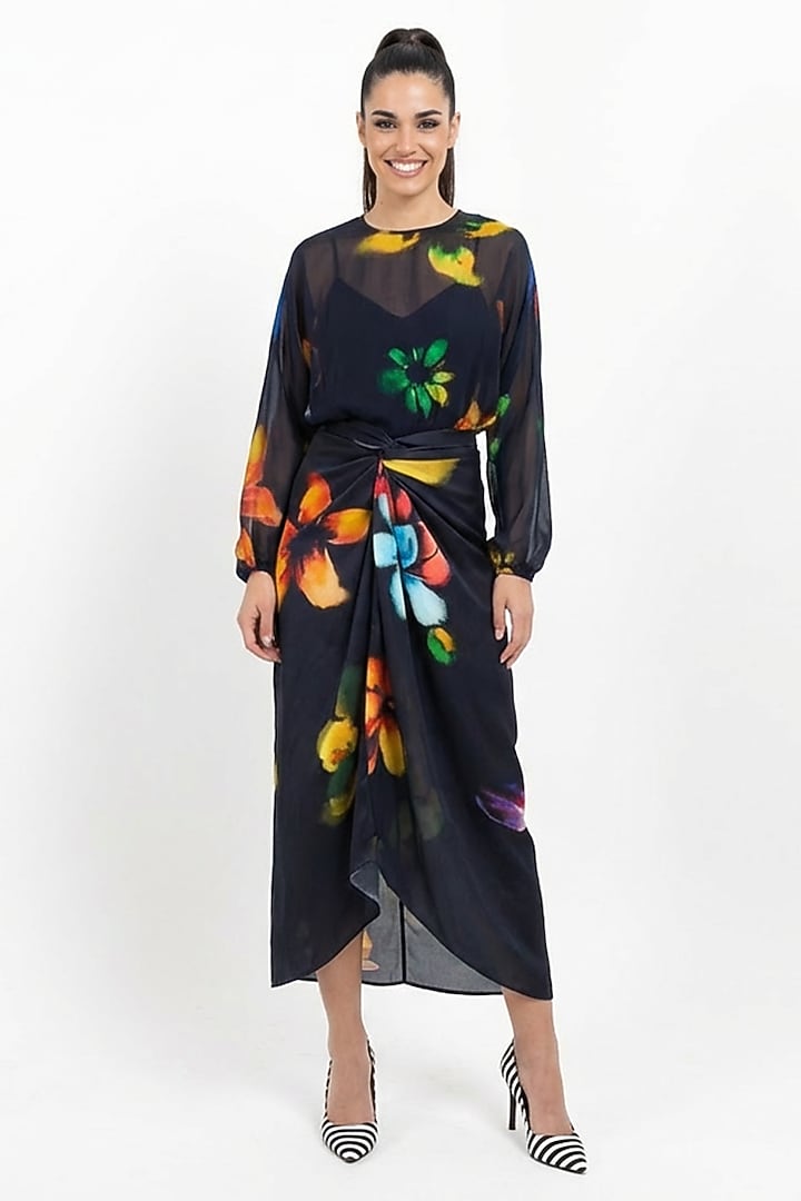 Black Vegan Silk Printed Draped Skirt by POP SUGAR at Pernia's Pop Up Shop