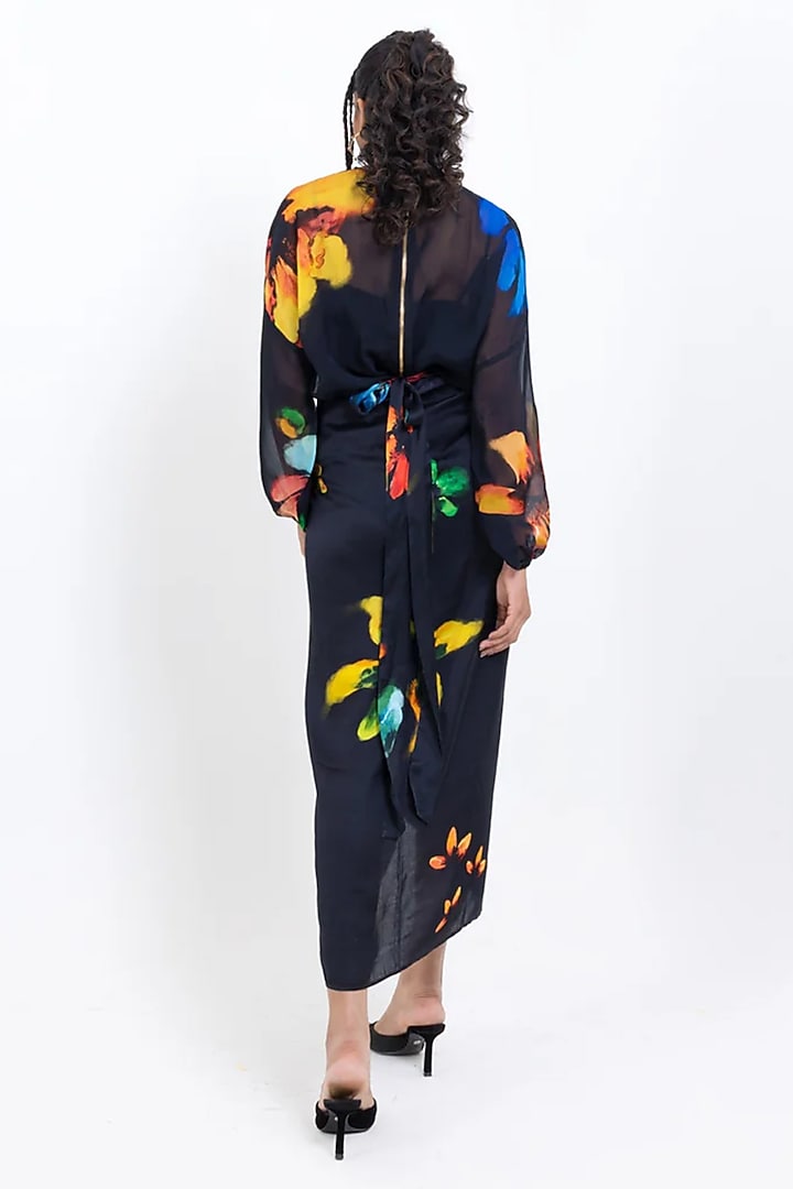 Black Vegan Silk Printed Draped Skirt by POP SUGAR at Pernia's Pop Up Shop