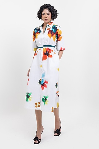 White Cotton Printed Midi Dress by POP SUGAR
