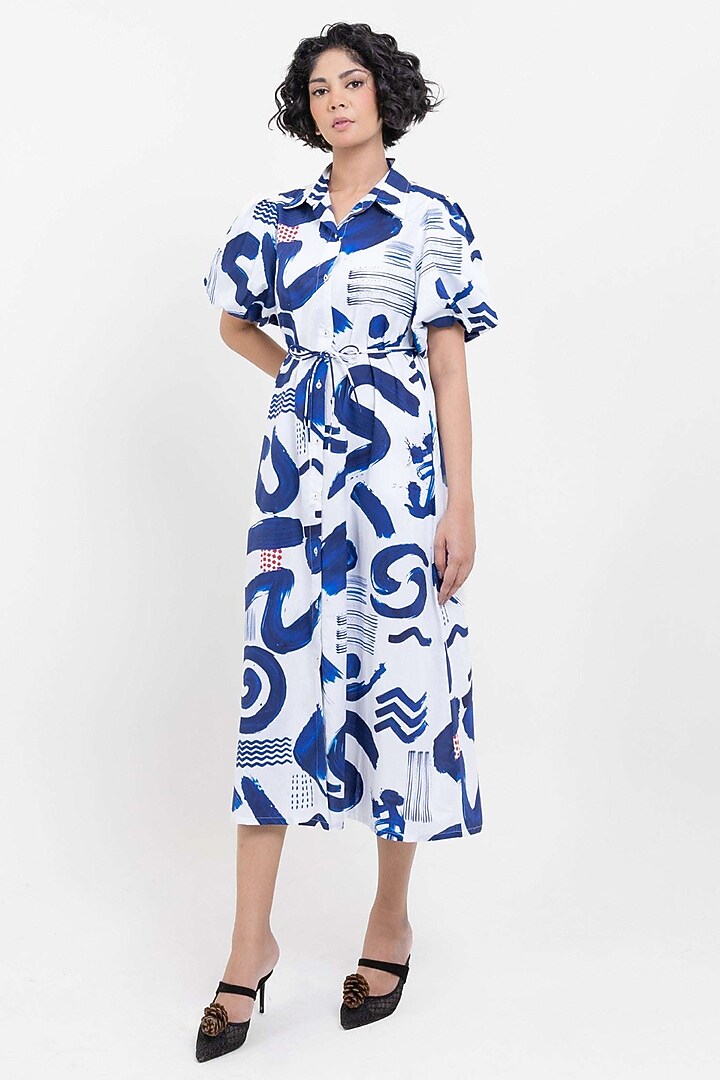 Indigo Blue Cotton Printed Shirt Summer Dress by POP SUGAR at Pernia's Pop Up Shop