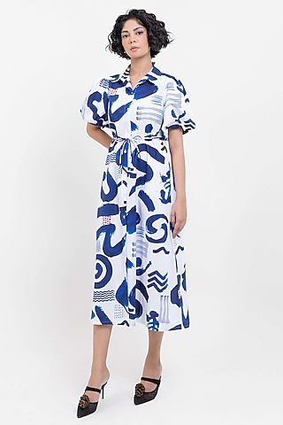 Indigo Blue Cotton Printed Shirt Dress by POP SUGAR