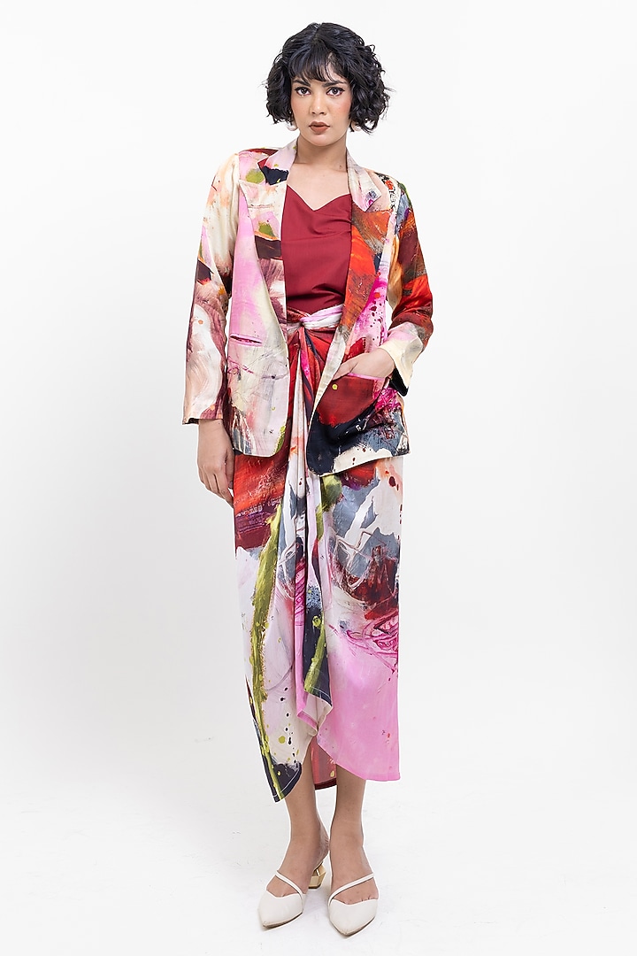 Red Vegan Silk Abstract Printed Blazer by POP SUGAR at Pernia's Pop Up Shop