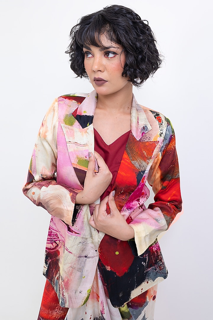 Red Vegan Silk Printed Blazer by POP SUGAR at Pernia's Pop Up Shop