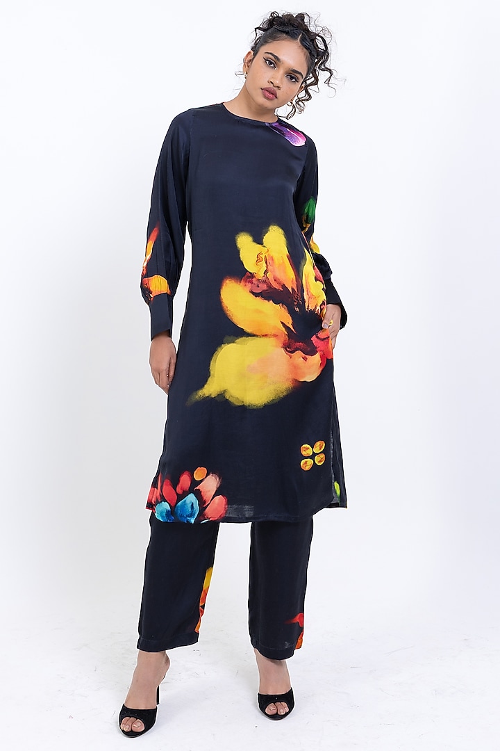 Black Vegan Silk Floral Printed Co-Ord Set by POP SUGAR at Pernia's Pop Up Shop