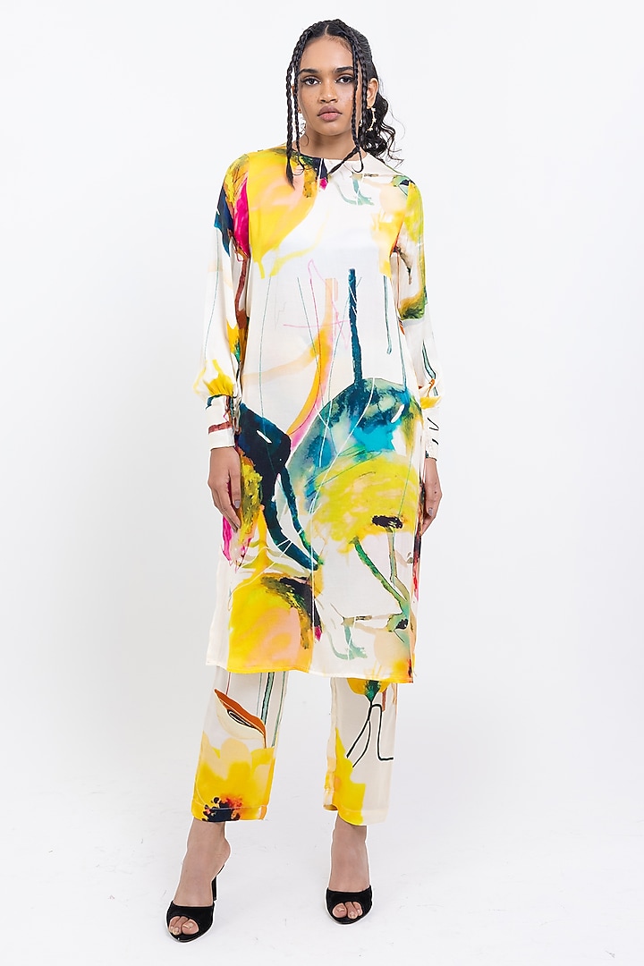 Cream Vegan Silk Printed Co-Ord Set by POP SUGAR at Pernia's Pop Up Shop