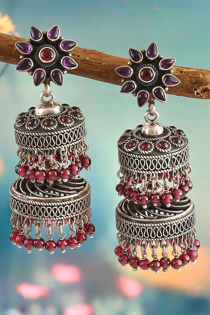 Silver Finish Ruby Gemstone Floral Dangler Earrings In Sterling Silver by Palace Of Silver